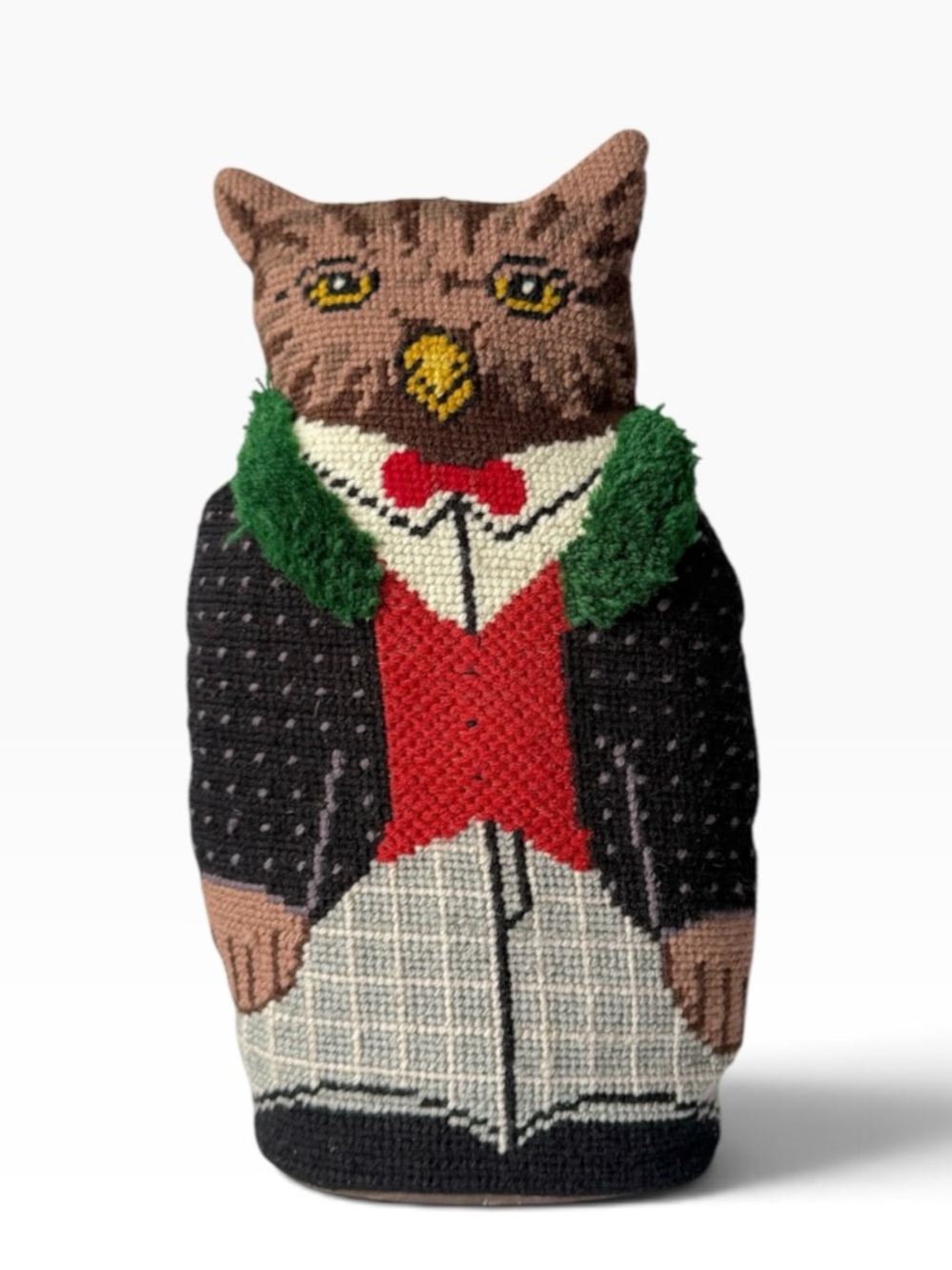 Vintage Needlepoint Dapper Owl Whimsical Pillow Figurine 11 3/4”